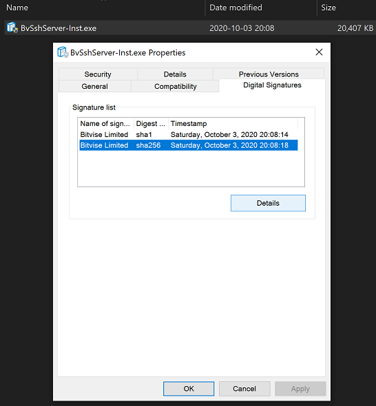 Properties > Digital Signatures